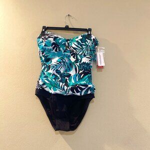 Jantzen Green and Black Hawaiian Leaf One Piece Tummy Control Bathing Size 8